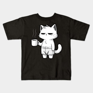 tired cat with coffee Kids T-Shirt